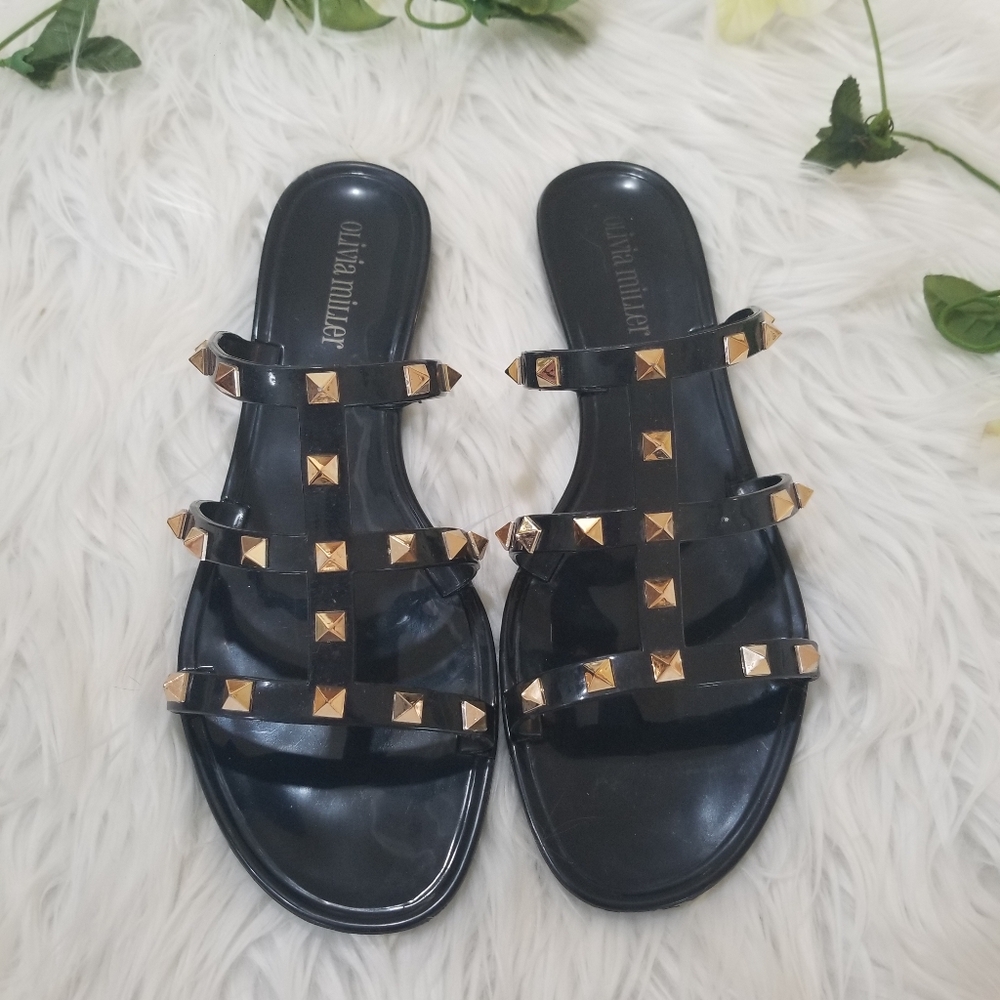 Olivia Miller Black PVC Jelly Sandals with Gold Studs, Size 40 US 9.